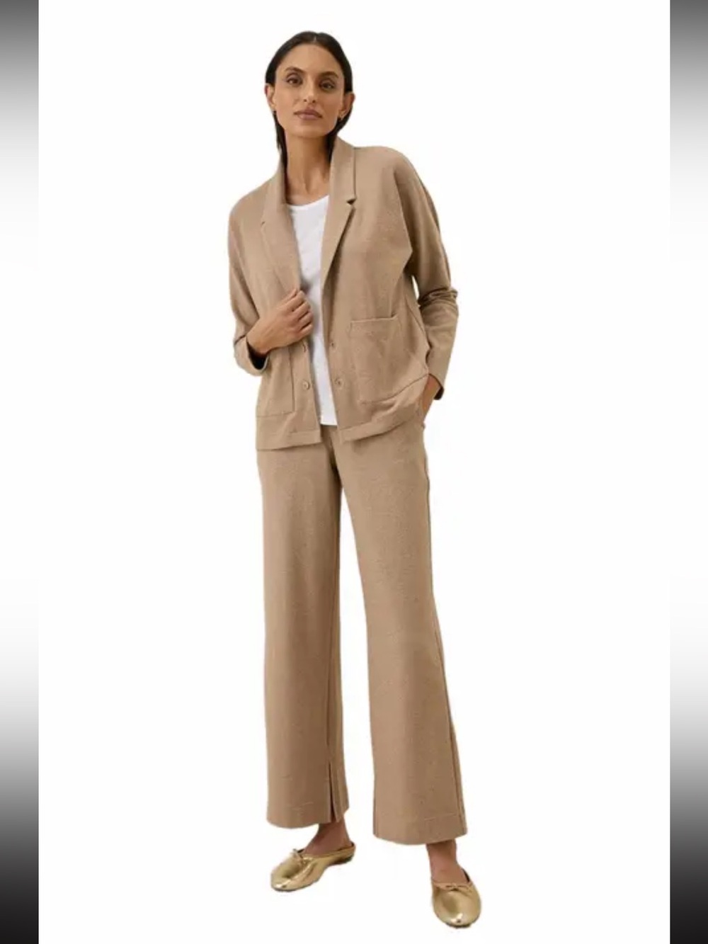 Pact, airplane set, blazer (S) and wide-leg (M), S/M, Sesame Heather